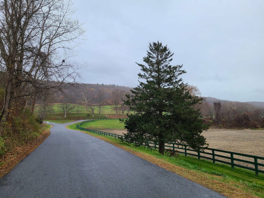 Foggy road through rolling farms and forests.