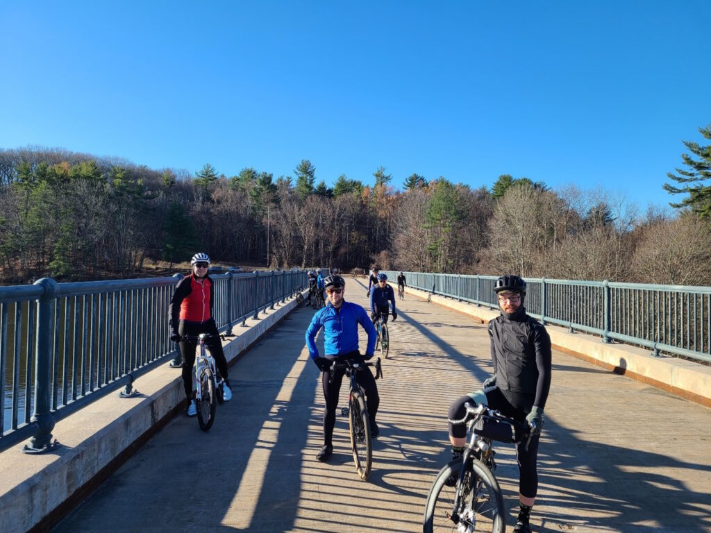 Riders pausing to enjoy views from the Cross River Dam.